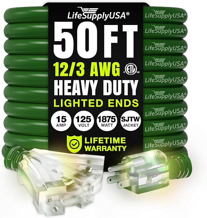 50ft Outdoor/Indoor Extension Cord 3-Outlet 12/3 Gauge Extra Heavy Duty ETL Listed, 3 Prong SJTW, Waterproof, Flexible Cold-Resistant Long Power Cord,15A 125V 1875W, Green by LifeSupplyUSA