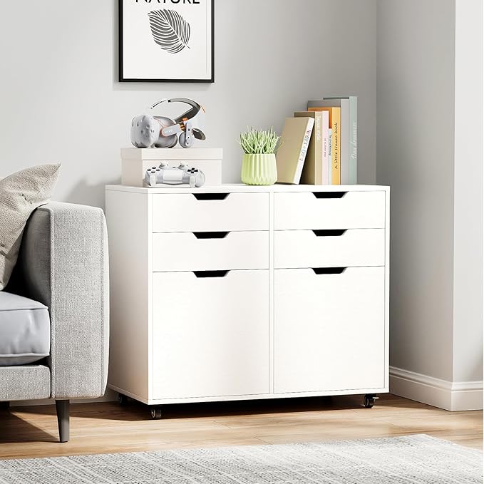 File Cabinet, White Filing Cabinet w/Universal Wheels, Wood Printer Stand w/4 Drawers & 2 Doors, Rolling File Cabinets for Home Office, Living Dining Room (White, 4 Drawers & 2 Doors)