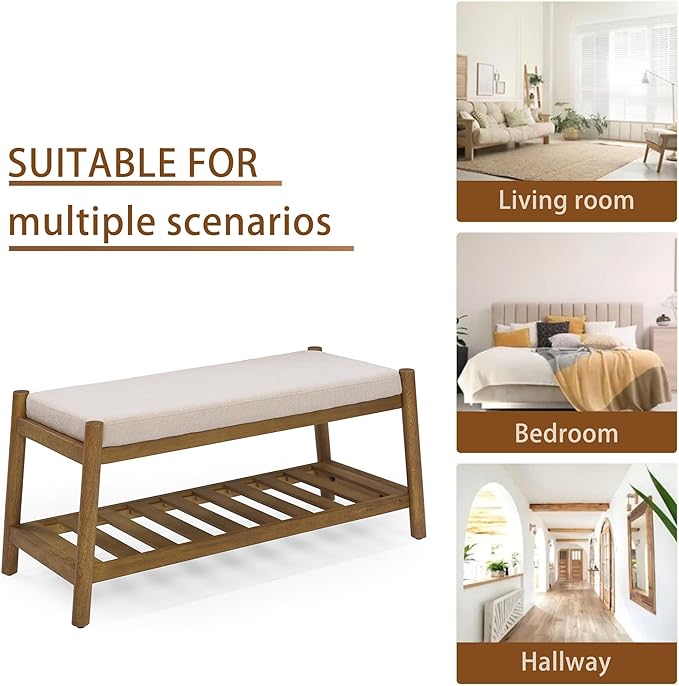 Upholstered Entryway Bench, Bedroom Bench for End of Bed, Dining Bench with Padded Seat for Kitchen, Living Room, Fabric Rubber Wood Indoor Bench (Beige)