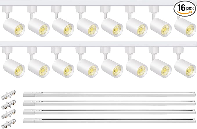 VANoopee 16-Light LED Track Lighting Kit with 13FT H Type Track Rails, Dimmable Track Light Heads Bright Ceiling Spotlight Fixture for Kitchen Accent Art, 3000K Warm White, No Flicker 10W 800lm White