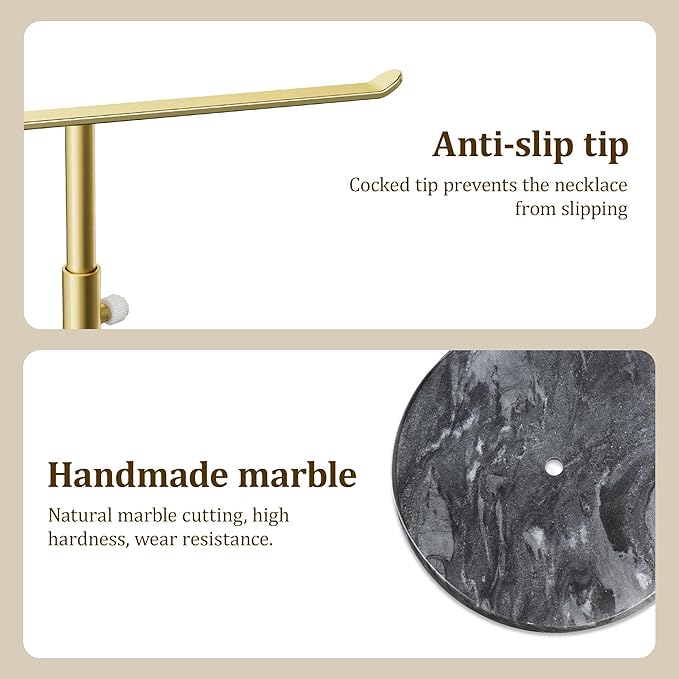 Gold Necklace Holder Jewelry Organizer Stand – Adjustable Height T‑Bar Jewelry Display with Dark Gray Marble Base, Necklace & Bracelet Holder, Countertop Jewelry Stand