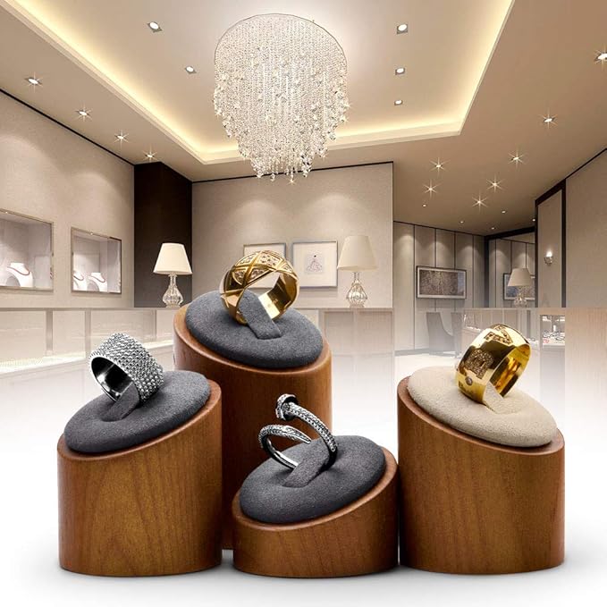 Oirlv Solid Wood 3 Pcs Ring Display Stand Showcase Jewelry Organizer Holder for Rings Trade Show Countertop Ring Bearer(Grey)