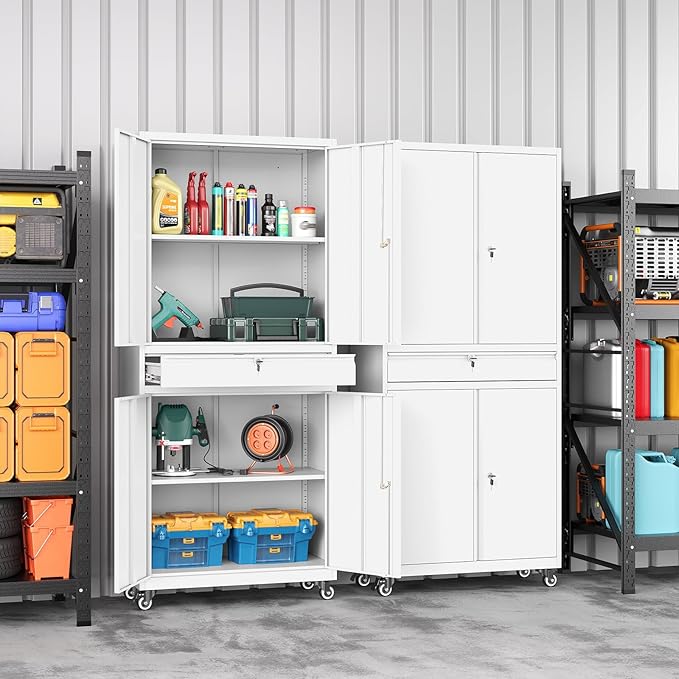 73" Metal Garage Storage Cabinet with Wheels， Rolling Tool Storage with Locking Doors， Adjustable Shelves and Drawer, Heavy Duty Steel Tool Cabinet for Garage, Warehouse, School(White)