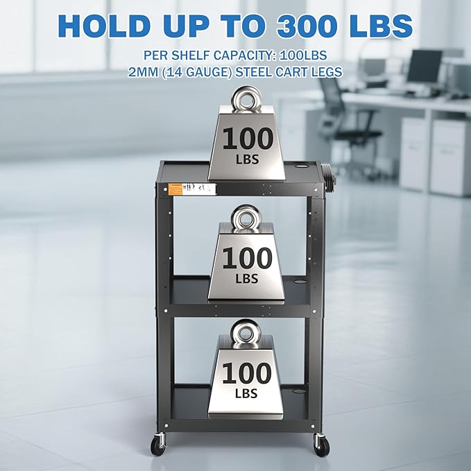 3 Shelf Metal Utility Cart with Wheels & Power Strip - Steel Mobile AV Cart for Video Projector, TV, Laptop, Computers, Printers - Height Adjustable Media Carts for Office Classroom Warehouse
