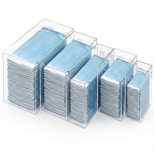 Novabright Clear Acrylic Sterilization Pouches Dispenser Rack Multi-Sized 5 Stations Wall Mount Holder for Face Mask Gloves Tissue Plastic Bag Hair Net Shoe Covers for Kitchen Medical Restaurant