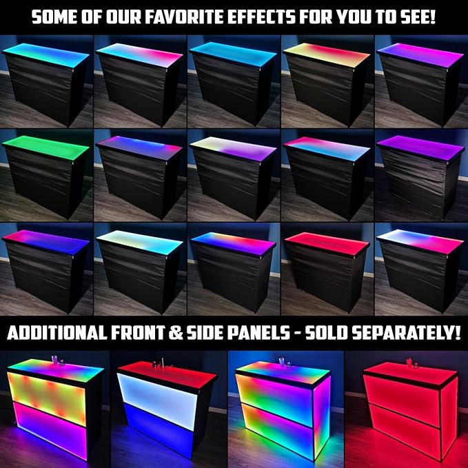 Commercial Grade Glowing Premium Portable Bar Table w/Mobile App, Wireless Remote, Bluetooth Connectivity, Folding Legs, Black Fabric Bar Skirt, 2 Storage Shelves & 2 Carrying Cases - White Skirt