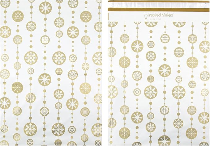 Inspired Mailers - Large Poly Mailers 14.5 x 19-50 Pack - Snowflake Baubles (Gold) - Holiday Shipping Bags - Large Mailing Envelopes - Christmas Shipping Envelopes