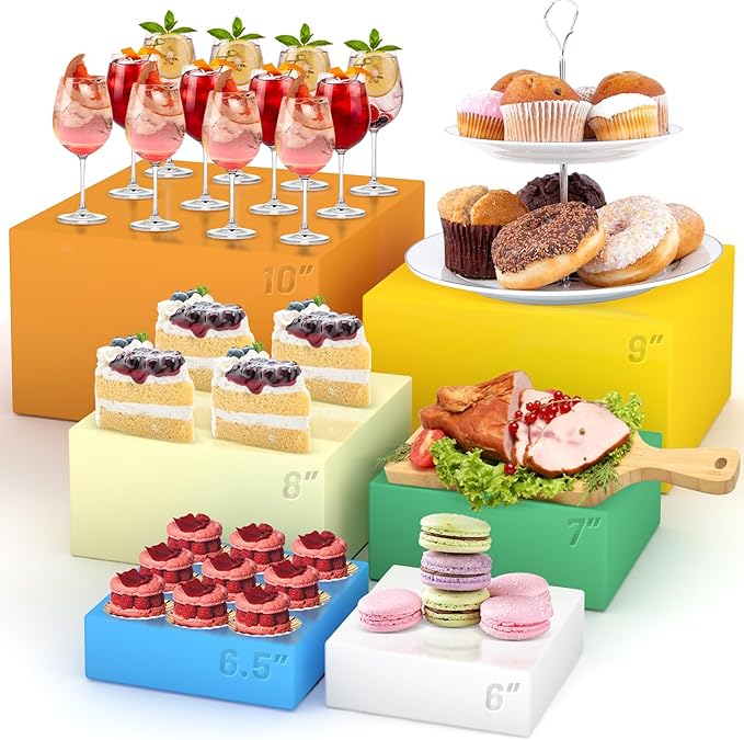 6 Pcs Buffet Food Risers, Large Acrylic Dessert Cupcake Table Stands Fruit Display Shelf Catering Supply Party Jewelry Show Decor Risers Cube Box Nesting Multicolor(10", 9", 8", 7",6.5", 6")