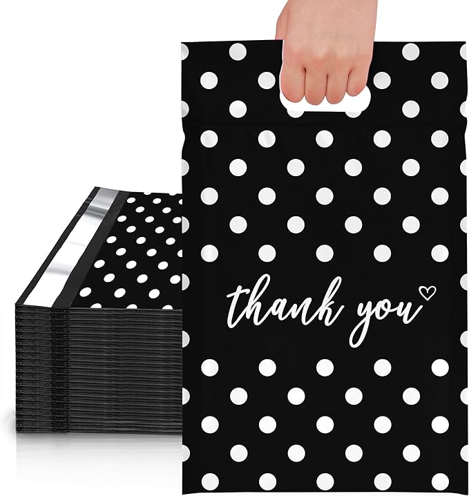 JinRuiKJ Poly Mailers with Handle 12x15.5 Inch 50 Pcs, Easy to Carry Packaging Bags for Small Business, Thank You Shipping Bags with Self Adhesive Strip, Tearproof and Waterproof - White Polka Dot