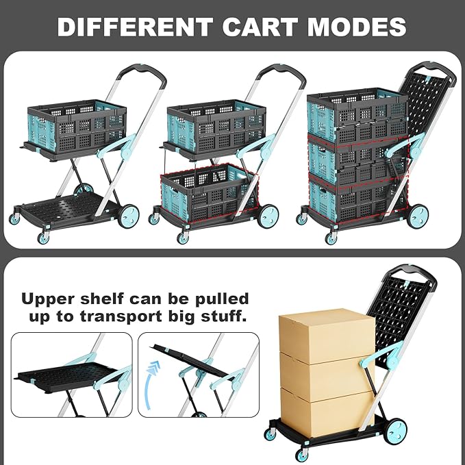 Foldable Shopping Cart, 200 lbs Capacity Grocery Carts on Wheels with Collapsible Crate Heavy Duty Collapsible Cart with Foot Brake for Groceries, Office, Warehouse and Supermarket