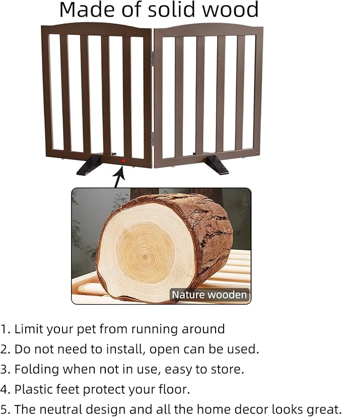 Freestanding Dog Gate Indoor,Doggie Gate Foldable Pet Gates for Doorways,Stairs or Hallways, Wooden Brown Pet Gate for The House, Pet Fence with Support Feet Included,24 "Height-2 Panels