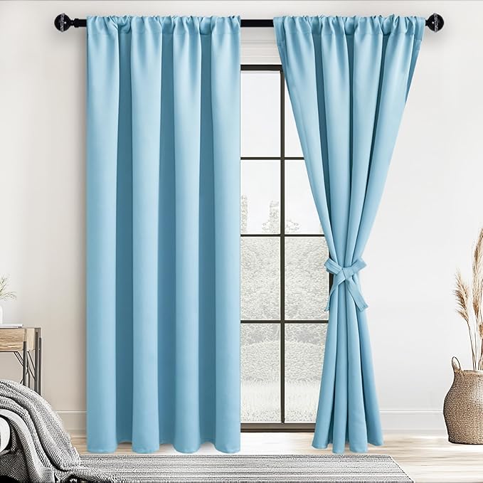 JIUZHEN Blackout Curtains for Bedroom– Thermal Insulated,Noise Reducing Room Darkening Privacy Drapes for Living Room, Set of 2 Panels with Tiebacks, 52 x 84 inch Long, Light Blue