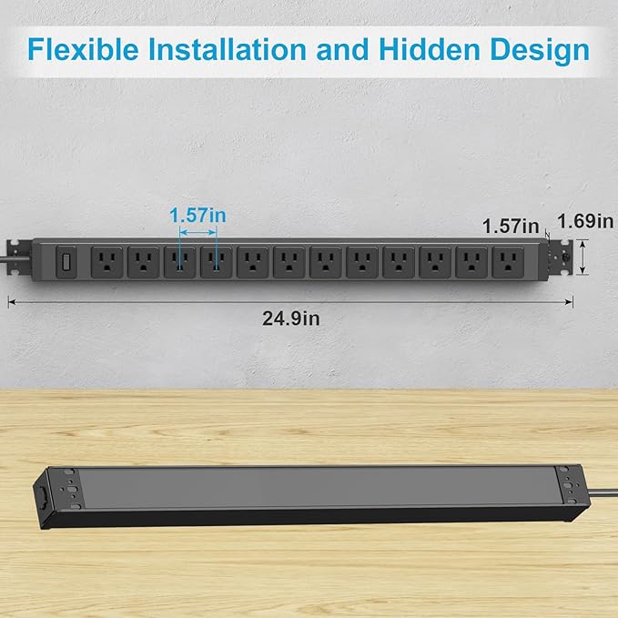 HHSOET 360° Rotating 12 Outlet Mountable Power Strip, Aluminum Alloy Long Power Strip Extension Cord, Heavy Duty Wall Mount Surge Protector with Switch, Works Great and Very Versatile,10ft Power Cord
