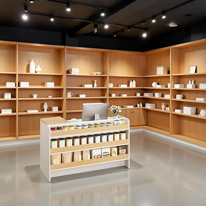 Modern Reception Desk Counter, Retail Counter Reception Desk with Lockable Drawers, Retail Checkout Counter with Open Shelves (White-You)