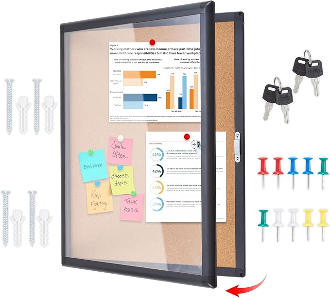 Enclosed Bulletin Board 20x26 Inch Indoor Outdoor Tamper-Proof Cork Wall-Mounted Notice Board with Rust-Resistant Aluminum Frame & Lock for Hospital, Restaurant Kitchen, Office (Black Frame)