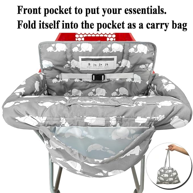 2-in-1 Shopping Cart and High Chair Cover for Baby, Padded Cover, Fold'n Roll Style, Portable with Carry Bag (Gray Elephant)