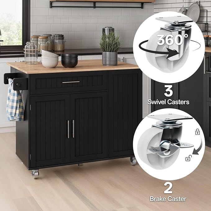 43.3" Rolling Kitchen Island Cart with Drop Leaf & Storage - Mobile Kitchen Organizer with Wheels, Rubberwood Top, Trash Bin Cabinet & Towel Rack, Farmhouse Style for Small Spaces Black
