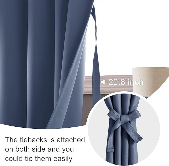 JIUZHEN Short Blackout Curtains for Small Window - Cafe Room Darkening Privacy Thermal Insulated Window Curtains Tiers for Bathroom,Kitchen, W 42 x L 36, Set of 2 Panels with Tiebacks, Dusty Blue