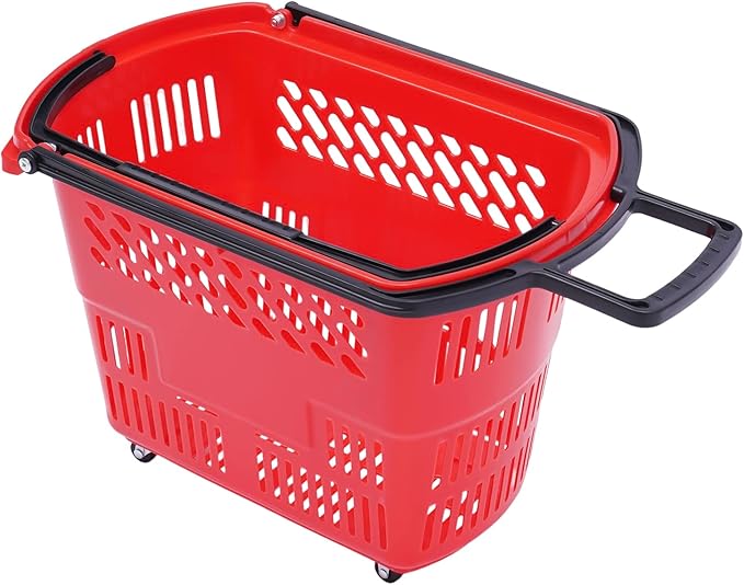 6PCS Shopping Carts,35L Shopping Basket with Wheels and Handle,Portable Plastic Rolling Sho-pping Basket for Retail Store (Red)