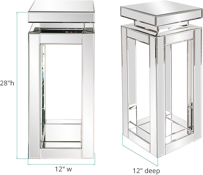 Howard Elliott Small Silver Mirrored Pedestal Accent Table for Home Decoration, Mirrored Finish Design End Table for Bedroom, Entryway or for Any Room, 12 x 12 x 28 Inches