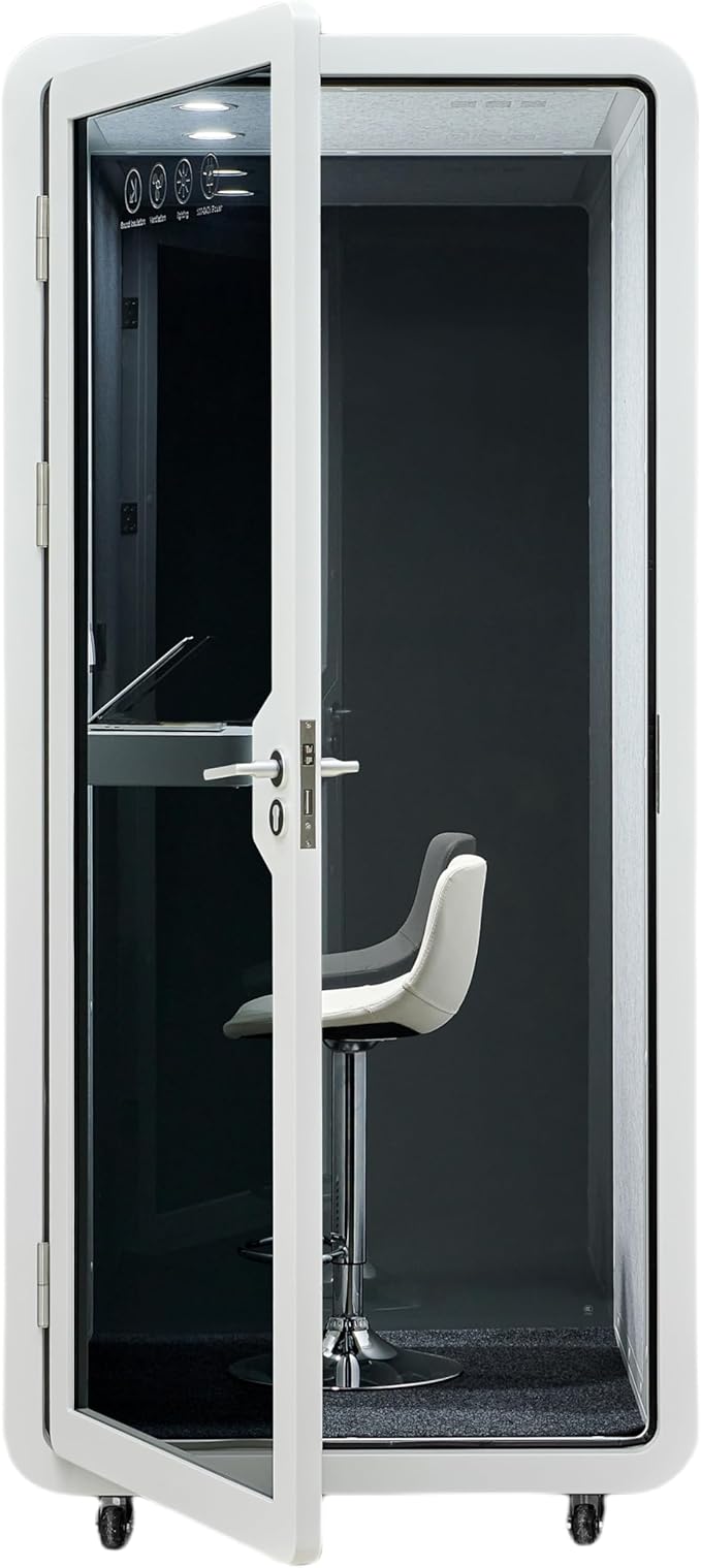 Mobile Office Pod Booth, Solo Soundproof Pod Acoustic Panels, Sound Pod Silent Ventilation, Wheels and Feet, Built-in Table, LED Lighting System, USB Ports White/Smoked Glass