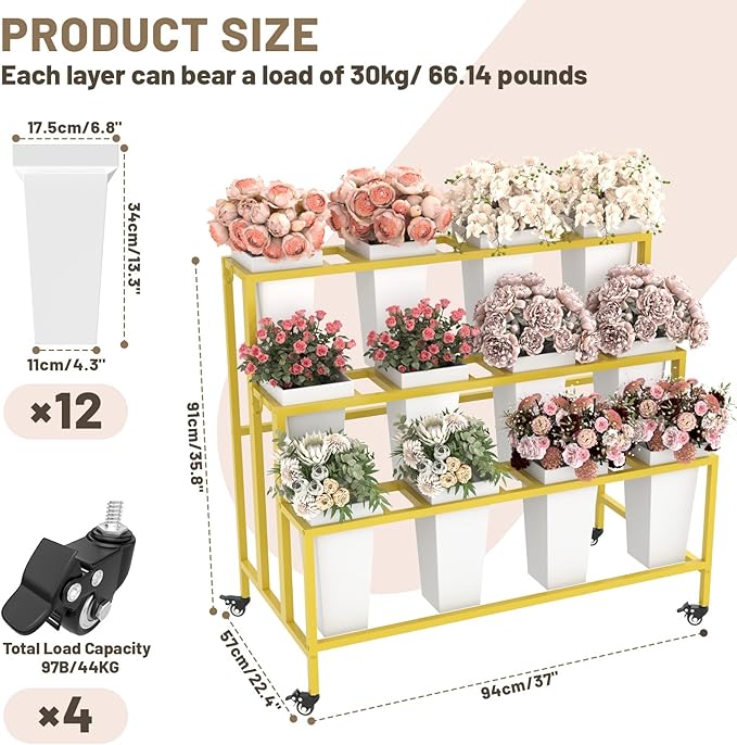 Flower Cart Display Stand with Buckets & Wheels – 3-Tier Mobile Flower Bar Cart for Shops, Weddings, Garden, and Home – Includes 12 Buckets & 4 Hooks (Gold)