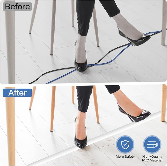 Floor Cord Cover Self Adhesive Cord Hider Floor Extension Cord Covers for Floor Power Cord Protector Cable Management Prevent Cable Trips Cable Cavity 0.47" W x 0.27" H (White, 3.3Ft)