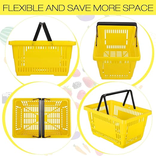 12 Pcs Shopping Baskets 20 L Plastic Store Retail Baskets with Handles 16.9 * 11.8 * 9.1 Inches for Market Grocery Supplies Thrift Convenience Storage(Yellow)