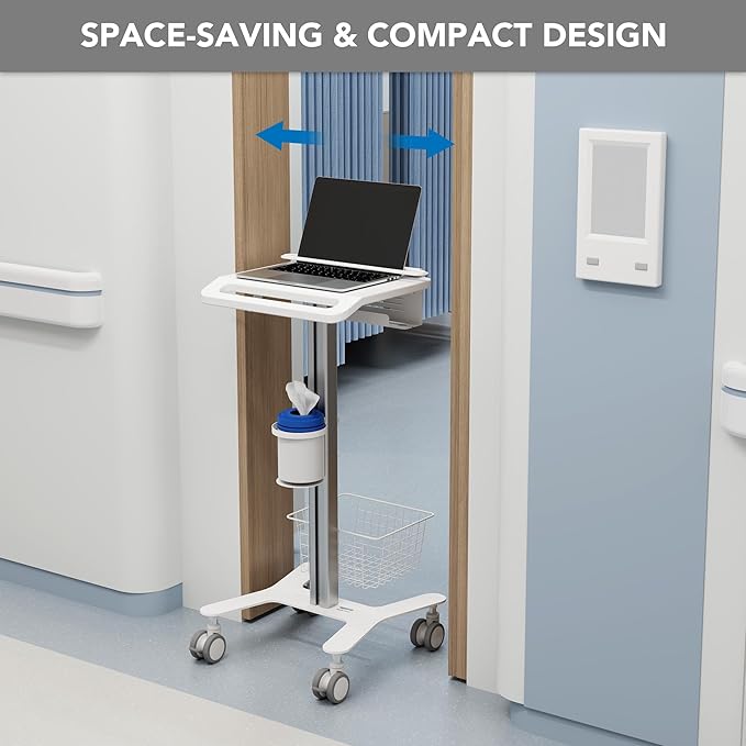 Mount-It! Medical Laptop Cart with Locking Wheels and Anti-Theft Bar, Mobile Computer Workstation for Clinics, Hospitals, Labs – Secure Rolling Cart with Supply Holders and Cable Management