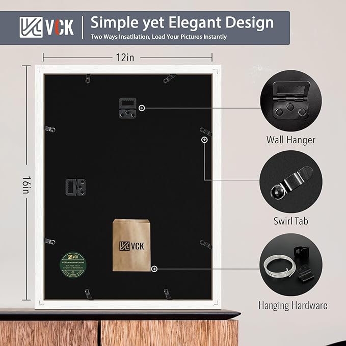 VCK 12x16 White Picture Frame set of 5, Textured Exclusive Wooden Photo Frames with HD glass | Matted to 8x12 or 12x16 without Mat | Wall Hanging