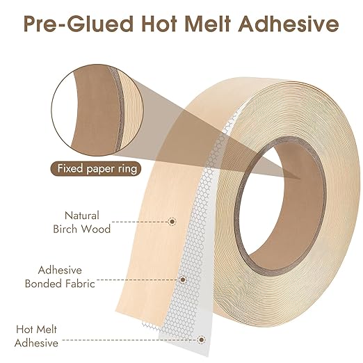 BEVTEE Birch Edge Banding, 1.5 Inch x 50 ft Wood Veneer Roll Pre-glued, Flexible Birch Iron-on Veneer Edge Band for Plywood & Furniture Edging, Natural Wood Color for DIY & Professional Projects