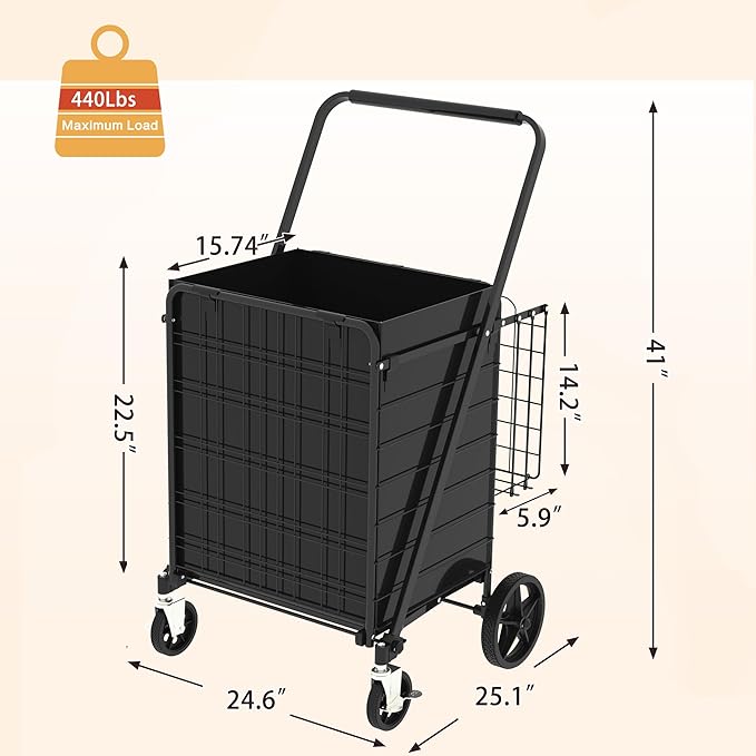 CHARMMA Large Shopping Cart with Brake,Grocery Cart on Wheels, Foldable Utility Shopping Carts with Double Basket and 360° Rolling Swivel Wheels for Groceries Laundry