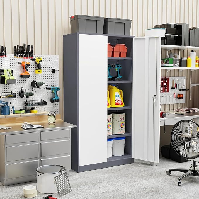 Incbruce 72” Metal Storage Cabinet, Garage Cabinets and Storage System with Doors and Shelves, Tall Lockable Tool Cabinet for Garage, Office, Home (Grey White)