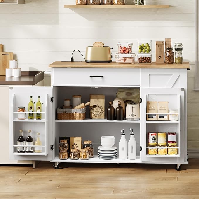 HOOBRO Kitchen Island with Power Outlet & Drop Leaf, Rolling Kitchen Island with Trash Can Storage, Island Table with Storage Cabinet, Towel Rack, for Dining Room, White and Natural WN50UZD01