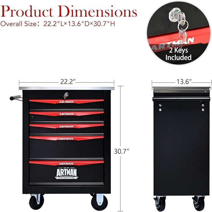 5-Drawer Heavy-Duty Rolling Steel Tool Cart with Handle&Wheels, Metal Storage Organizer Cabinet, Tool Chest for Efficient Tool Storage in Garage, Warehouse, Workshop, Repair Shop, Black&RED