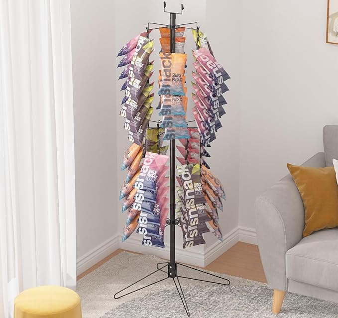 tonchean Rotating Retail Display Stand Racks 108 Clips, Spinning Potato Chip Snack Rack Display Stand with Sign Holder, 2 Tier Snack Shelf Organizer, Chip Bag Holder Snack Display Rack for Party