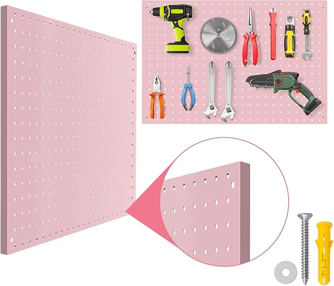 Peg Board, 2 Pack Metal Pegboard Panels Pink Pegboards Wall Organizer with Frame Large Heavy Duty Peg Board with Hooks for Walls Home,Garage Tool Storage,Office Organization,Kitchen 24”×16”