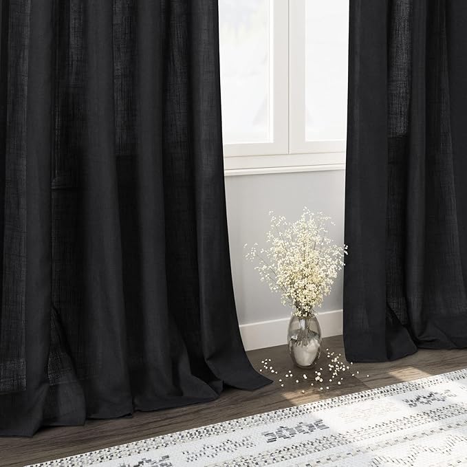 Nanspring Black 102 inch Linen Curtains for Living Room Privacy Semi Sheer Curtains Back Tab and Rod Pocket Simple Modern Linen Blend Curtain for Bedroom/Office Large Window 70x102,2 Panel