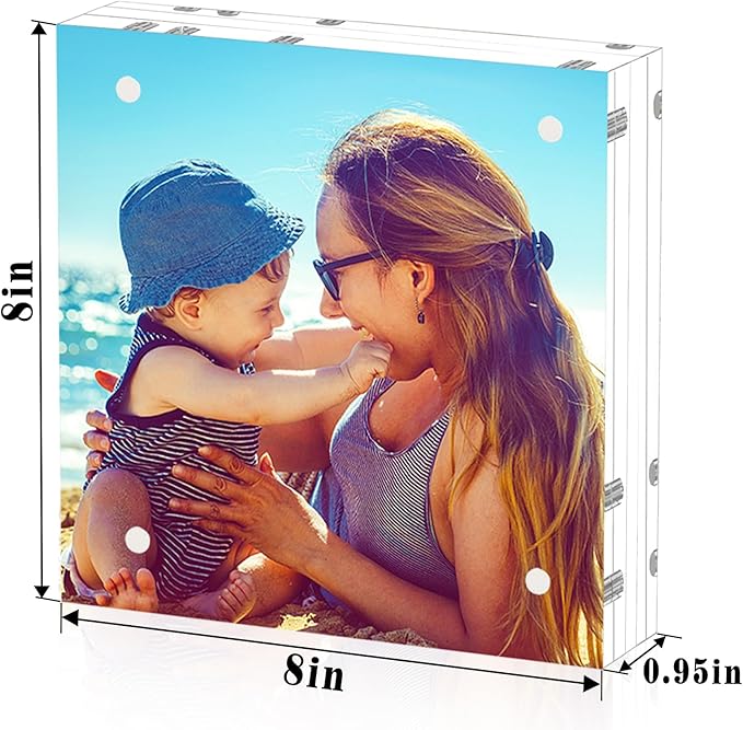 HELPLEX 5 Pack 8x8 Acrylic Picture Frames, 24mm Thicker Square Frameless Clear Frame Double Sided Magnetic Frame, Free Standing Desktop Display Stand Acrylic Frames