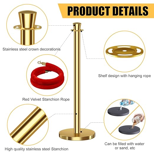 kaiyomi 6Pcs Stanchions with Red Velvet Ropes Set, 5 Feet Velvet Ropes and Posts Poles for Red Carpet Party Decoration and 360° Photo Booth (Golden)