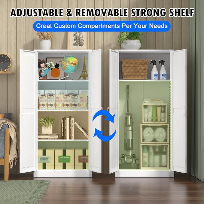 Kitchen Pantry Cabinet, 60 Inch Tall Pantry Storage Cabinet with Doors and Adjustable Shelves, Metal Storage Cabinet with Golden Handles for Dining, Living Room, Assembly Required, White