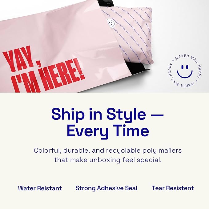Poly Mailers 10x13 – 100 Pack – Cute Printed Recyclable Shipping Envelopes for Small Business Packaging, Self Sealing Mailing Bags – Yay I’m Here Pink/Red Design