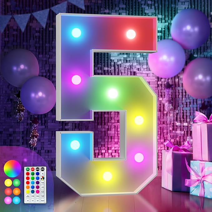 imprsv 3FT Colorful Marquee Numbers,18 Colors 5 with Remote, Light Up Numbers 5 for 15th 50th Birthday Decorations Anniversary Party Decor, Pre-Cut Foam Board Kit, Mosaic Sign for Balloon