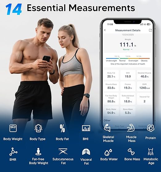 GE Smart Scale for Body Weight BMI Fat Muscle Mass with 14 Body Composition Metrics & All-in-one LCD Display, Digital Bathroom Weight Scales Bluetooth with App, Accurate Weighing Machine 400 lbs