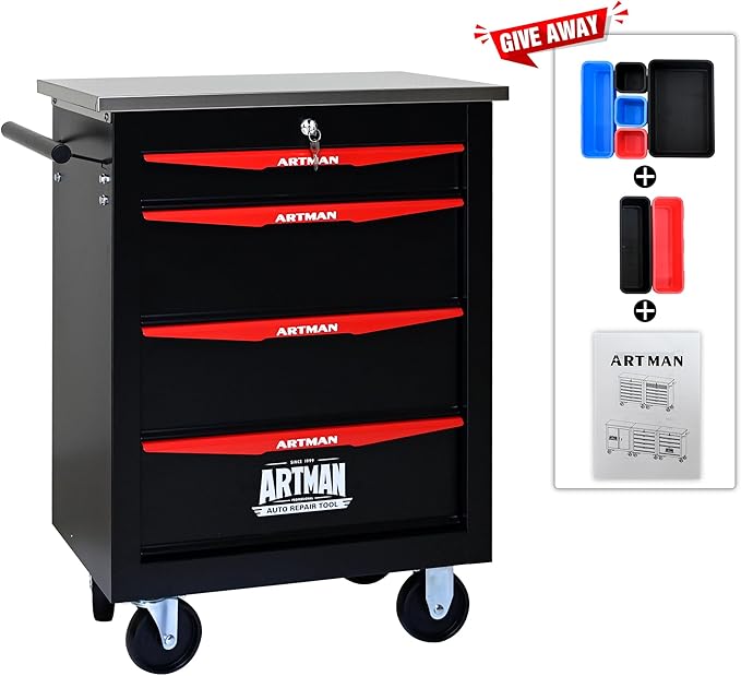 4 Drawer Rolling Tool Chest with Locker, 22.2" D Metal Movable Lockable Tool Cart Box Multi-Functional Hardware Storage Cabinet Box for Warehouse Basement Home Pantry Garage