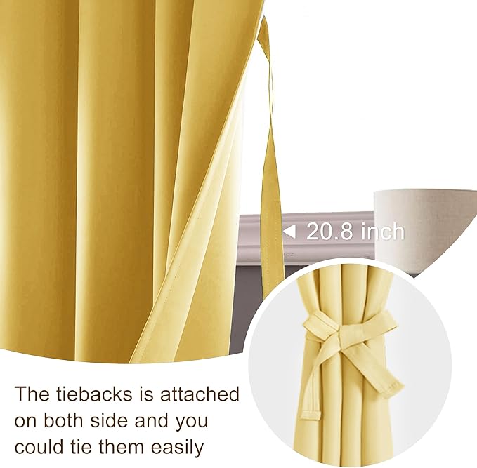 JIUZHEN Blackout Curtains – Thermal Insulated,Noise Reducing Room Darkening Soundproof Drapes for Living Room,Bedroom, Set of 2 Panels with Tiebacks, 42 x 63 inch Long, Light Yellow