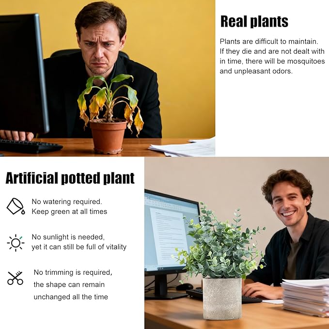 Fake Plants Small Potted, 2 Set of Artificial Plants (Eucalyptus && Rosemary), Fake Potted is Suitable for Decoring Home Office Bathrooms, Tables, Bookshelf and Modern Farmhouse Decor