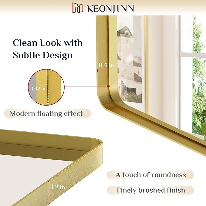 Keonjinn Gold Mirrors for Wall, 60” x 36” Large Brushed Brass Bathroom Mirrors for Over Sink, Rounded Rectangle Farmhouse Vanity Mirror, HD Tempered Glass Modern Decorative Mirror(Horizontal/Vertical)