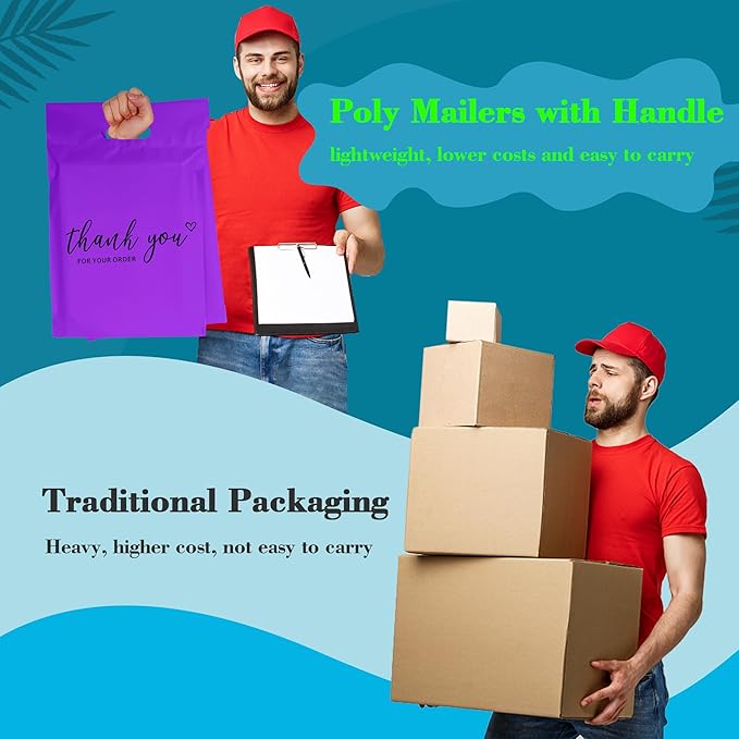 JinRuiKJ Poly Mailers with Handle 14.5x19 Inch 50 Pcs, Easy to Carry Packaging Bags for Small Business, Thank You Shipping Bags with Self Adhesive Strip, Tearproof and Waterproof - Purple