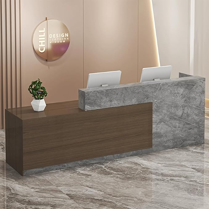 Wood Reception Desk Marble Stone with Checkout Retail Counter L Shaped Modern Mostrador para Negocio Office Desk Closed Front with Storage Drawers for Barber,Salon,Clothing Store